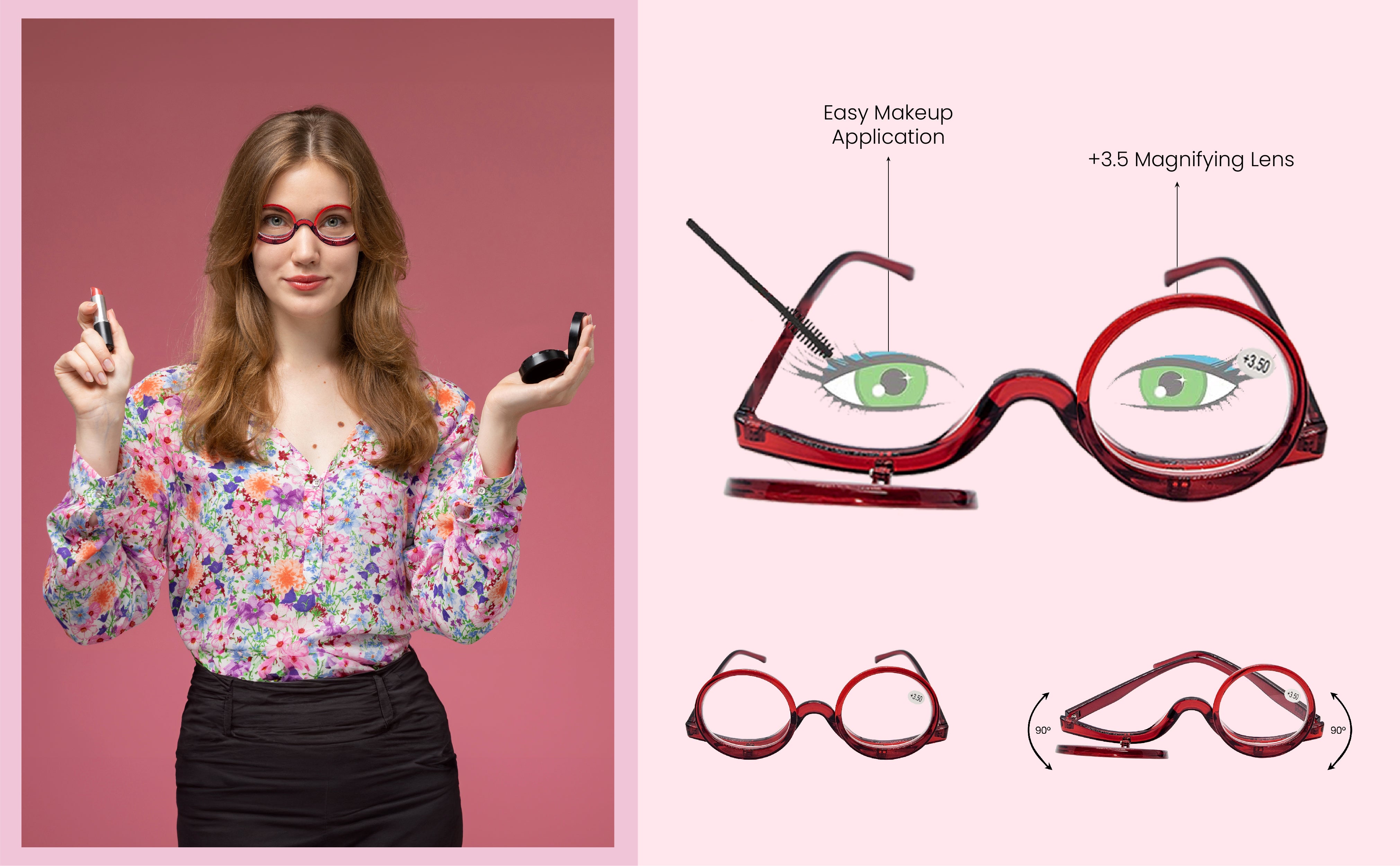 BOBI Makeup Glasses for Women | Flip Down Eye Makeup Glasses | Magnifying Cosmetic Spectacles with Pouch | Portable Makeup Readers | Scratch Resistant